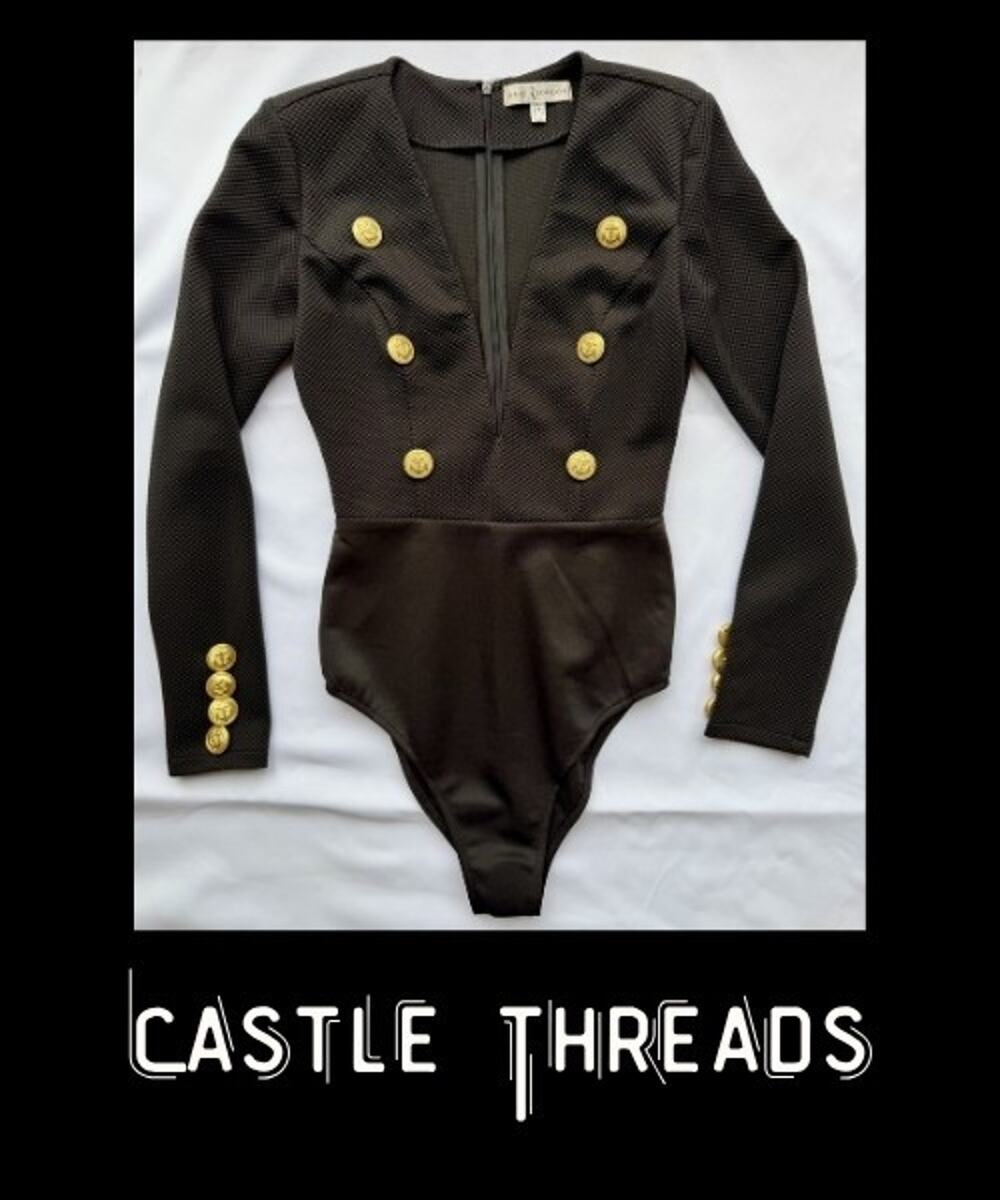 Women Rare London Black Body Suit Gold Buttons Long Sleeve Size 2 US